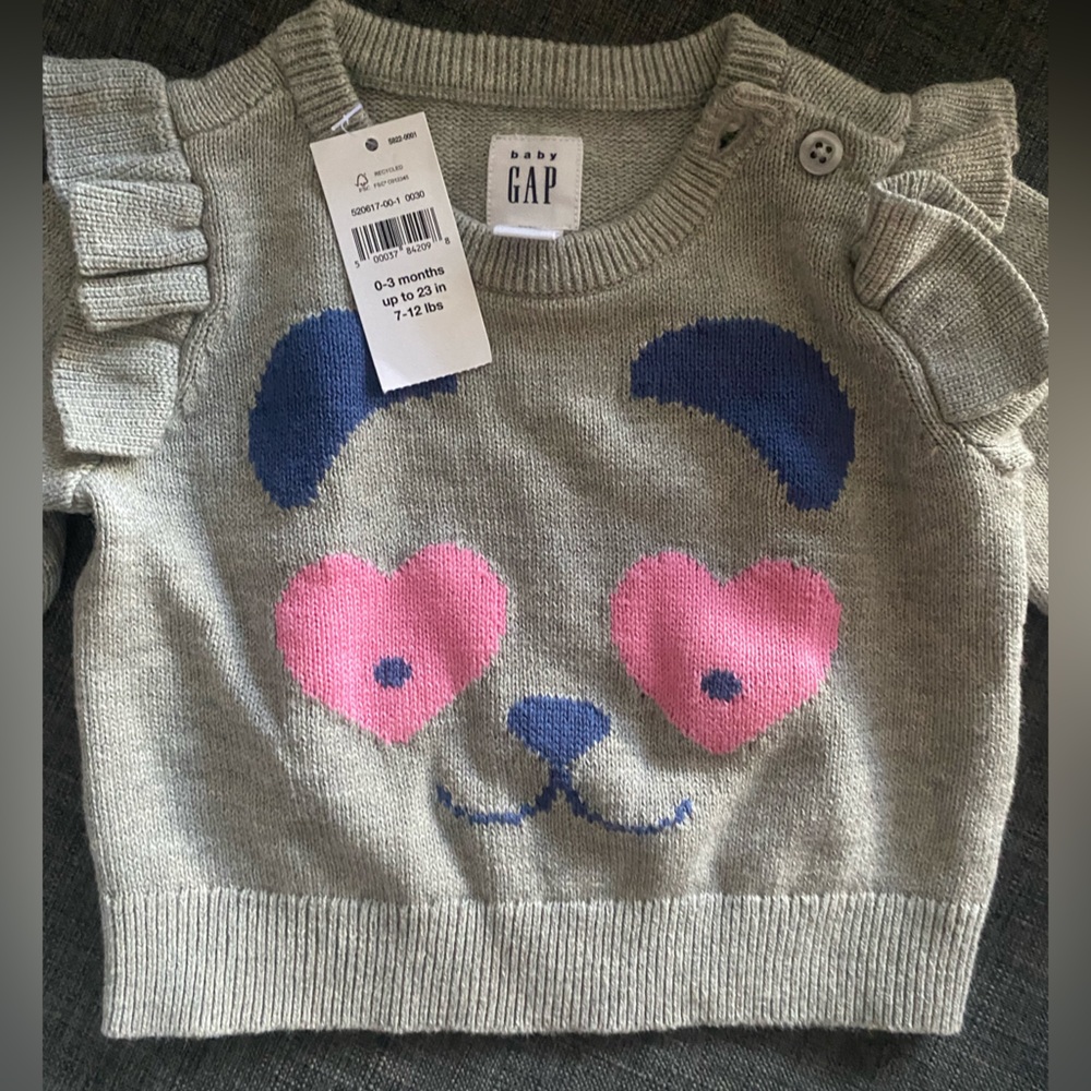 NWT Baby Gap Bear Heart Ruffle Pullover Sweater 0-3 months + bag